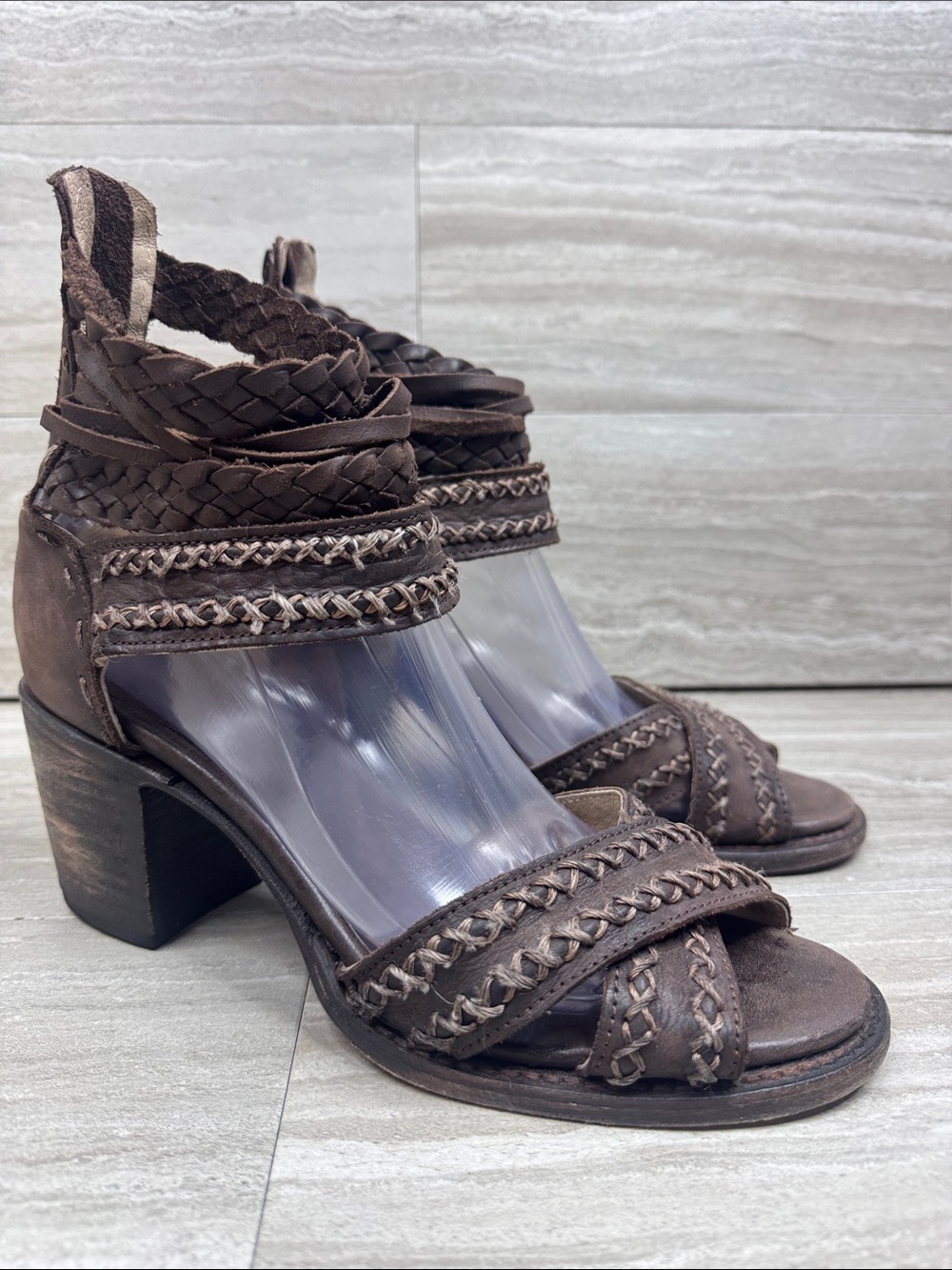 RARE- Freebird by Steven Axel Braided Leather Block Heel Sandals Womens Size 8*
